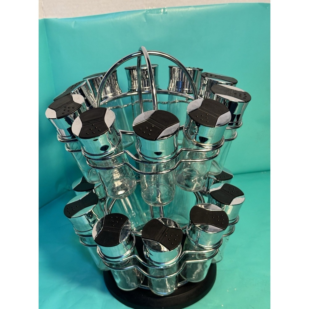 20 Jar Revolving Spice Rack Set Silver Black Glass Carousel Organizer with Lids - Picture 10 of 14